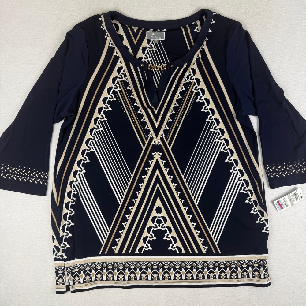 JM Collection Womens Navy Blue Geometric Print 3/4 Sleeve Tunic Top 1X NWT